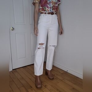 Lovers & Friends High Waist Distressed White Staight Leg Jeans